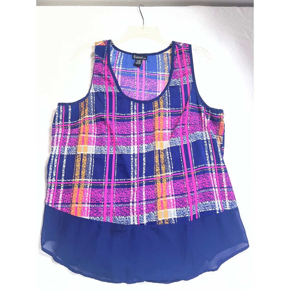 Signature Studio Womens XL Plaid Sleeveless Blouse Navy Pink Chiffon Hem Top